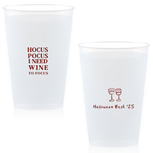 The Hocus Pocus Focus Cup is the ideal custom Halloween party accessory.  Featuring the phrase "hocus pocus I need candy to focus" and a modern and minimal graphic of wine glasses, you can personalize with your name, and the year. This chic Halloween accessory will be a hit at your autumnal events. 
