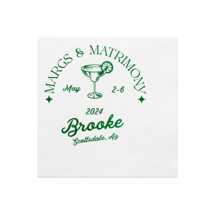 Set the scene for a bachelorette blast with the Margs and Matrimony Bachelorette Party Napkin, customized with the bride-to-be's name in elegant script, and detailed with the party's locale and date. The bold margarita illustration infuses a modern vibe into the festivities.