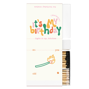 Celebrate your birthday with a funky custom matchbox! This full color design features a groovy font, a modern match drawing, and space to customize your name.