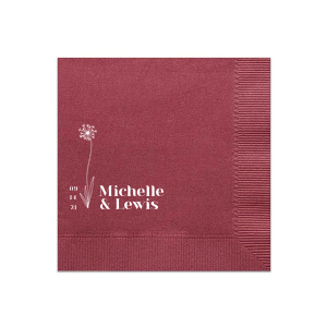 Our custom Plum Linen Like Cocktail Napkin with Shiny Sterling Silver Foil has a Stem Dandelion Flower graphic and is good for use in Floral themed parties and can't be beat. Showcase your style in every detail of your party's theme!