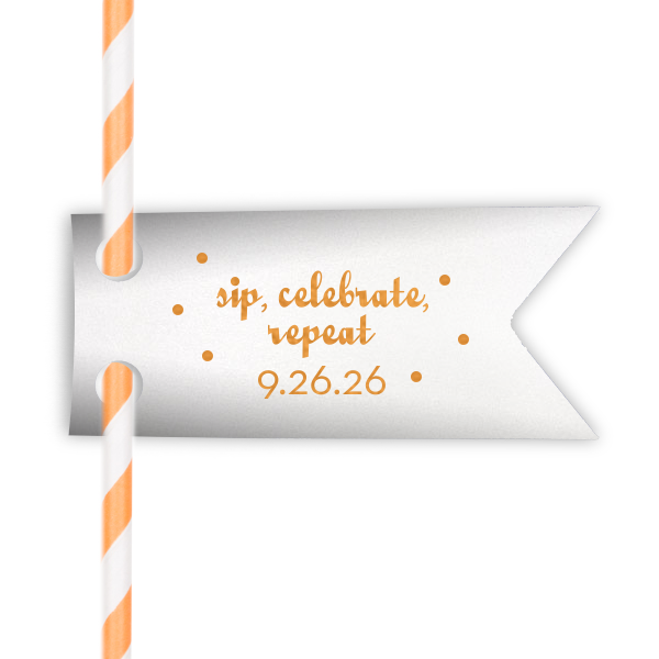 Dress up drinks with your theme! Add this personalized straw tag in Stardream Crystal White with Copper foil and polka dots for a fun bar addition. Our trendy Sip, Celebrate, Repeat design will be a hit.
