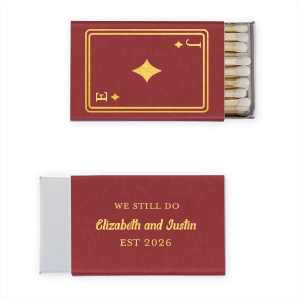 Celebrate a love that's forever with the Diamonds Playing Card Anniversary Matchbook. The front features a dazzling diamonds playing card graphic, customizable with the couple's initials, while the back proudly displays "We still do," followed by the couple's names and the significant year. A perfect memento for an anniversary party that's a cut above the rest.