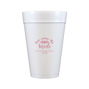 Our custom Matte Dark Magenta Ink 12 oz Styrofoam Cup with Matte Dark Magenta Ink Cup Ink Colors has a Here Comes the Bride 3 graphic and is good for use in Words, Floral, Bridal Shower themed parties and couldn't be more perfect. It's time to show off your impeccable taste.