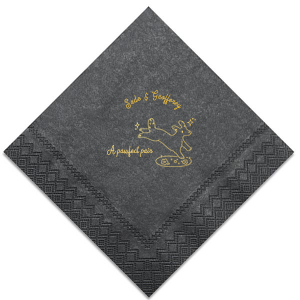 Celebrate your nuptials with the Pawfect Pair Wedding Napkin, featuring a joyous illustration of a dog in mid-leap above a grassy knoll, surrounded by a sprinkle of sparkles. Personalize with the couple's names arched above this heartwarming scene, symbolizing the playful spirit and boundless love of your special day.