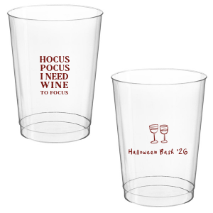 The Hocus Pocus Focus Cup is the ideal custom Halloween party accessory.  Featuring the phrase "hocus pocus I need candy to focus" and a modern and minimal graphic of wine glasses, you can personalize with your name, and the year. This chic Halloween accessory will be a hit at your autumnal events. 