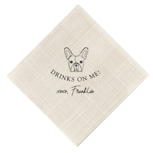 The Drinks On Me French Bulldog Napkin offers a delightful twist for pet lovers. It features an adorable French Bulldog illustration, with the playful message "DRINKS ON ME!" and "xoxo," followed by the pet's name in a charming signature font. This endearing design embodies the warmth and generosity of the pet-owner bond.
