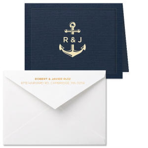 Pen your thoughts on the Anchor & Initials Note Card, where a steadfast anchor intertwines with the couple’s initials, symbolizing their united strength. This card is a vessel for messages that hold fast and true, echoing the anchor's promise of security and connection.
