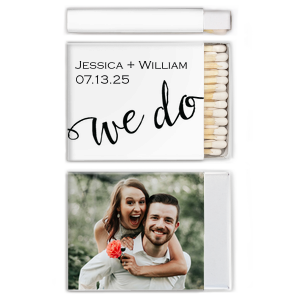 The ever-popular White Classic Custom Photo Matchbox with Matte Black Ink Digital Print Colors and Matte Fuchsia Ink Digital Print Colors has a We Do 3 graphic and is good for use in Wedding, Words themed parties and will add that special attention to detail that cannot be overlooked.