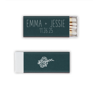Light the way to wedded bliss with the Floral Bouquet Names Matchbox, where a single, artful bouquet graces the cover. This elegant depiction symbolizes a union as timeless and beautiful as the flowers themselves.