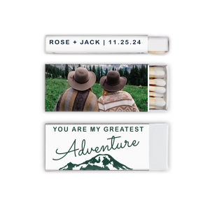ForYourParty's chic White Classic Custom Photo Matchbox with Matte Spruce Ink Digital Print Colors and Matte Navy Ink Digital Print Colors has a Greatest Adventure graphic and is good for use in Wedding, Travel, Words themed parties and will look fabulous with your unique touch. Your guests will agree!