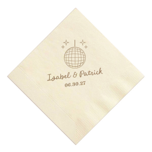 Celebrate your union under the mirrored lights with the Groovy Glitz Wedding Napkin. This festive design features a sparkling disco ball and twinkling sparkles, setting a lively mood. Add a personal touch with the couple's names elegantly scripted above, and the wedding date in a polished serif font below, for a chic nod to your unforgettable evening.