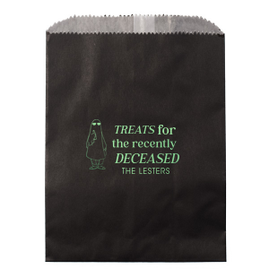 The Treats For The Recently Deceased Bag will make a spooky addition to your personalized Halloween supplies. Step your trick or treat bags up this year with a custom touch. Your Halloween bash will be a ghoulish delight. 
