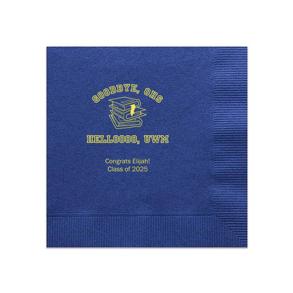 Our custom Royal Blue Cocktail Napkin with Matte Mimosa Yellow Foil Color has a Books Stacked graphic and is good for use in Graduation themed parties and can't be beat. Showcase your style in every detail of your party's theme!