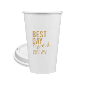 ForYourParty's personalized Gold Ink 8 oz Paper Coffee Cup with Lid with Gold Ink Cup Ink Colors can be customized to complement every last detail of your party.