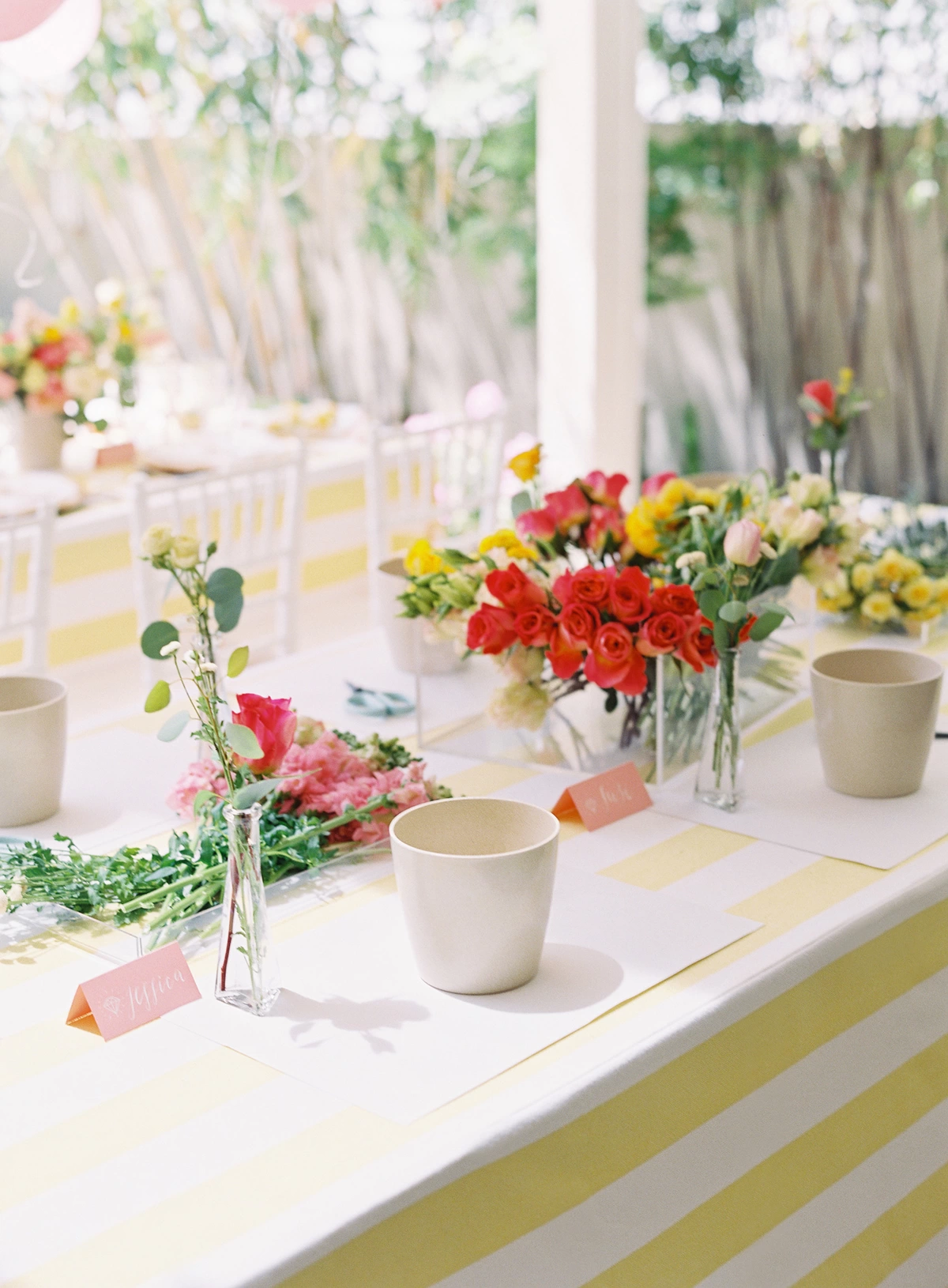 DIY floral arrangement table at bridesmaid's brunch
