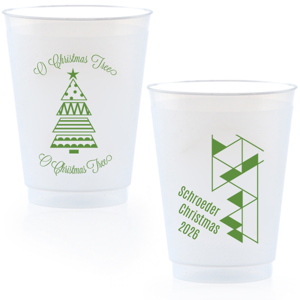 Our personalized Matte Moss Green Ink 16 oz Frost Flex Cup with Matte Moss Green Ink Print Color has a Geo Christmas Tree 2 graphic and a Triangles2RSVP graphic and is good for use in Lovely Press themed parties and will make your guests swoon. Personalize your party's theme today.