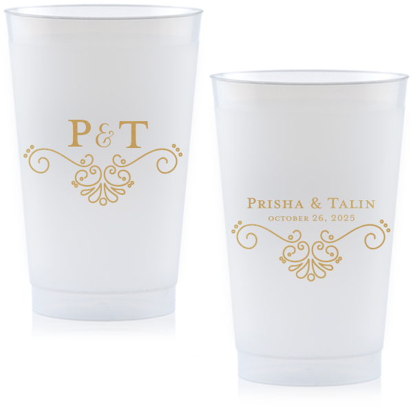 Sip in style with the Elegant Flourish Wedding Cup, where modern meets vintage in a curvy French flourish. Initials entwine with a swirly ampersand, while names and date sit elegantly above the same sophisticated swirl, toasting to timeless romance.