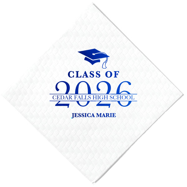 Celebrate graduation in style with the Graduation School Name Banner Napkin! It’s a vibrant celebration on a napkin, boasting a flying graduation cap, the class year in big, bold letters, and the school's name on a striking banner. The graduate's name, proudly displayed below, completes this festive keepsake.