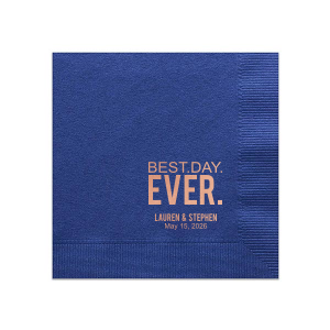Have the best party details ever with this personalized napkin. The bold font, Rose Gold foil and Light Navy napkin work together for a stylish look. Keep these colors or change to match your theme. Add your names and wedding date for a bar addition you and your guests will love!
