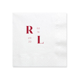 The Contemporary Modern Initials & Date Wedding Napkin design showcases a contemporary art aesthetic. Forming a box-like graphic, the couple's initials and the date are cleverly arranged in opposite corners, resembling stylized mathematical equations. This innovative design intertwines love and art, offering a unique and clever visual celebration of the special day.