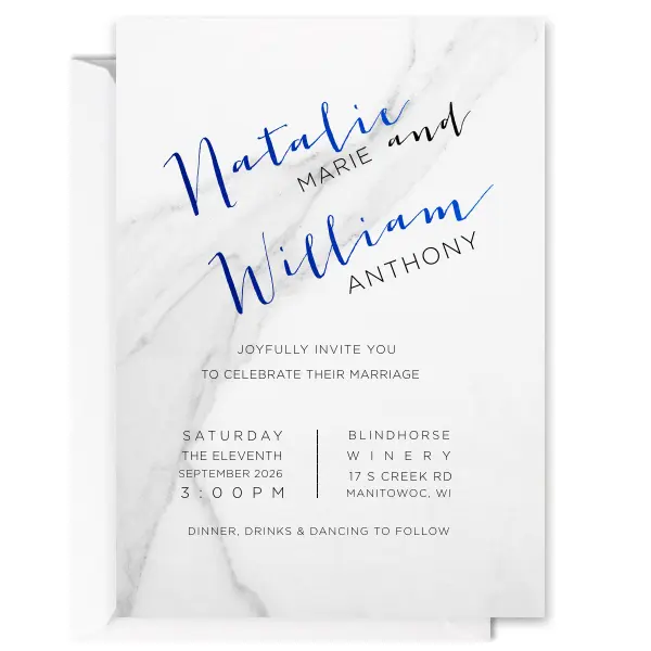 Personalized Full Color with Foil Invitation with Matte Black Digital Text Ink Colors, Full Color Digital Unique Art and Shiny Royal Blue Foil accents will impress guests like no other. These invites are printed on a Smooth Natural White 115 lb. paper stock. It's time to show off your impeccable taste and make this party unforgettable.
