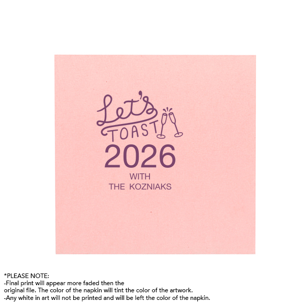 Our custom White Ink Printed Cocktail Napkin with Matte Eggplant Ink Digital Print Colors has a Let's Toast graphic and is good for use in Holiday and New Year's themed parties and will add that special attention to detail that cannot be overlooked.