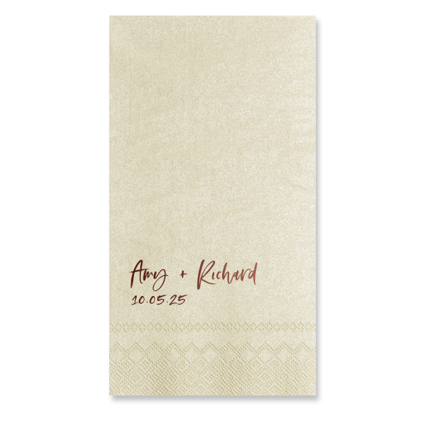 Elegance swirls with celebration in the Swirly Script Name Napkin. With the couple's names dancing in graceful loops above a date stamp of love, this napkin doesn't just wipe spills—it whispers sweet memories of the day you said 'I do.' Make your soirée unforgettable!
