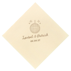 Celebrate your union under the mirrored lights with the Groovy Glitz Wedding Napkin. This festive design features a sparkling disco ball and twinkling sparkles, setting a lively mood. Add a personal touch with the couple's names elegantly scripted above, and the wedding date in a polished serif font below, for a chic nod to your unforgettable evening.
