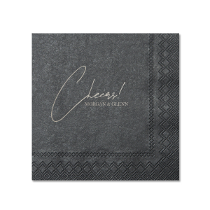 Raise a glass with the Toast of Elegance Napkin, featuring the celebratory exclamation "Cheers!" in an exquisite script atop two conjoined names, set in a classic serif font. This design embodies sophistication, perfect for toasting to love and life's great moments.