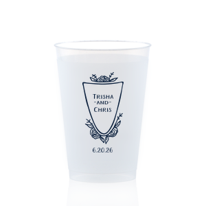 ForYourParty's personalized Matte Stone Blue Ink 12 oz Frost Flex Cup with Matte Stone Blue Ink Cup Ink Colors has a Crest Rose graphic and is good for use in Floral, Wedding themed parties and will impress guests like no other. Make this party unforgettable.