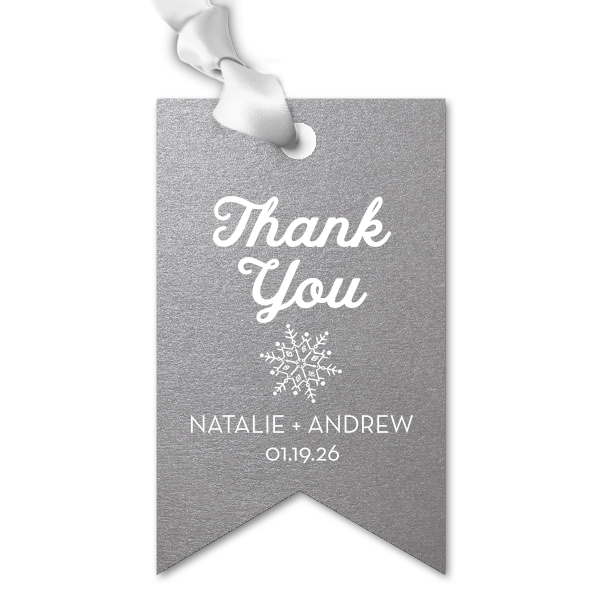 Express heartfelt thanks with the Thank You Snowflake Tag, where a unique snowflake underlines a gracious 'Thank You.' The couple’s names nestled below add a personal touch, making each winter celebration gift as one-of-a-kind as a snowflake