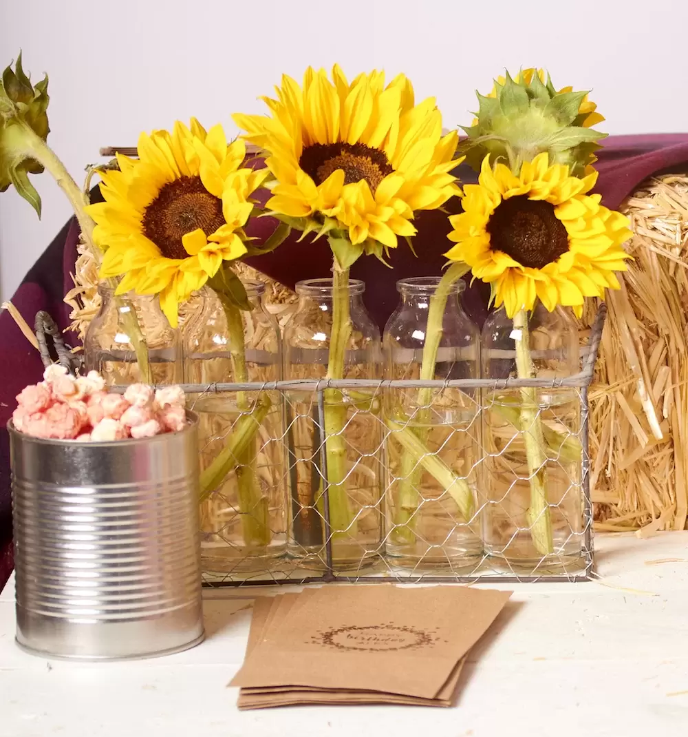 sunflowers, plaid and hay bale party decorations