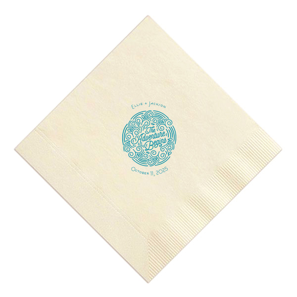 Add the perfect touch to your bar, dessert table or appetizers with this Adventure Begins personalized Ivory napkin. Pair your names and date with our Adventure Badge for a seamless detail in your outdoor themed wedding. 