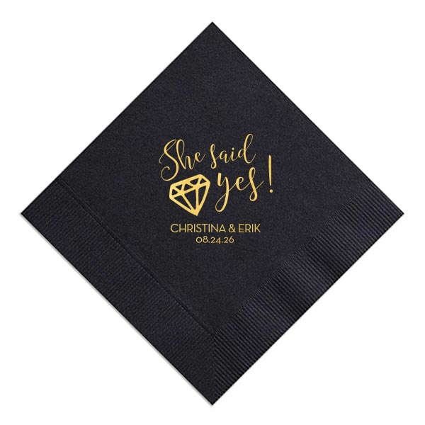 Celebrate the joy of a new engagement with our She Said Yes Diamond Napkin. Its vibrant text and sparkling diamond image exude excitement and happiness. Personalize with the couple’s names and the special date, making it perfect for engagement parties, toasting to the future, and marking the beginning of a beautiful journey together.