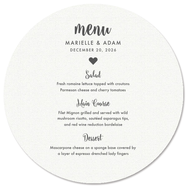 The ever-popular Linen White Classic Menu with Thermo. Slate Thermography has a Solid Heart graphic and is good for use in Wedding themed parties and can be customized to complement every last detail of your party.