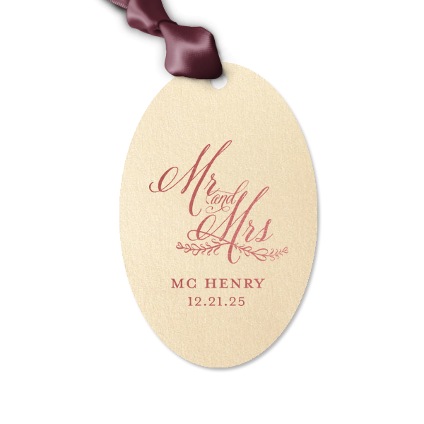 ForYourParty's personalized Stardream Ivory Large Oval Gift Tag with Shiny Rose Quartz Foil has a Mr And Mrs 3 graphic and is good for use in Wedding, Words, Anniversary themed parties and can't be beat. Showcase your style in every detail of your party's theme!