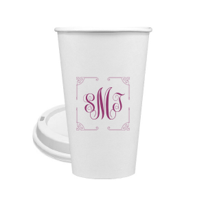 Our personalized 8 oz Paper Coffee Cup with Lid with Matte Dark Magenta Ink  has a Rococo Frame graphic and is good for use in Anniversary, Wedding, and Birthday themed parties and will add that special attention to detail that cannot be overlooked.