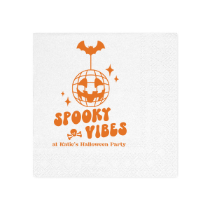 Embrace those spooky vibes with our Spooky Vibes Napkin! This custom Halloween party decor will elevate any event. Featuring a graphic of a pumpkin disco ball, bat, a skull, and sparkles, this napkin is ready to party.