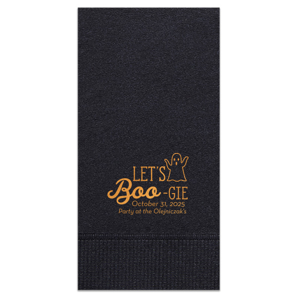 Our personalized Black Cocktail Napkin with Shiny Copper Foil has a Ghost graphic and is good for use in Halloween themed parties and can be personalized to match your party's exact theme and tempo.