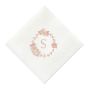 The Peony Frame Monogram Initial Napkin embodies Victorian elegance with its detailed floral arrangement of peonies, symbolizing happiness and prosperity. With the celebrant's initial in the center, this napkin conveys an air of sophistication and natural beauty. 