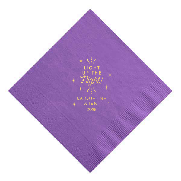 The ever-popular Plum Cocktail Napkin with Shiny 18 Kt Gold Foil has a Light the Night graphic and is good for use in Wedding, Words, Anniversary themed parties and are a must-have for your next event—whatever the celebration!