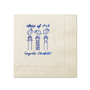 Mark the occasion with the Celebration Caps Line Art Napkin, where the graduate's name and year take flight in a beautiful script, amidst a modern line drawing of three arms joyously tossing graduation caps skyward. A stylish symbol of success for any graduation party.