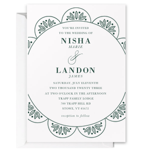 Custom Scallop Invitation on our Lettra Pearl White Paper Invitation has a Zen Wreath graphic and is good for use in Botanical themed parties and can't be beat. Showcase your style in every detail of your party's theme!