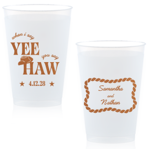 Have your next hoedown covered with the Yee Haw Cup from For Your Party! Customize the design with your choice of ink colors and cup styles to best match your event's vibes. Perfect for summertime cookouts, engagements of bachelor & bachelorette parties