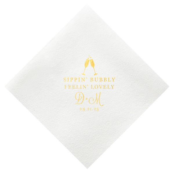 Embrace the effervescent spirit of celebration with the Bubbly Lovely Napkin design, featuring a charming graphic of champagne flutes mid-toast. Boldly declared, "SIPPIN BUBBLY" and "FEELIN LOVELY," encapsulate joy, while the couple's elegantly scripted initials and date add a refined touch to this bubbly, jubilant design.