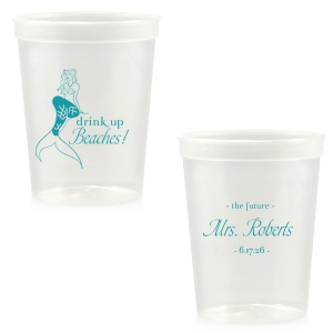 Sip Up Siren. Dive into bachelorette fun with the Drink Up Beaches Mermaid Cup. Featuring a stunning mermaid graphic and the cheeky phrase “Drink Up Beaches,” this design is perfect for celebrating the bride-to-be’s magical journey to becoming the future Mrs. Ideal for those who embrace the enchanting allure and playful spirit of mermaids.

