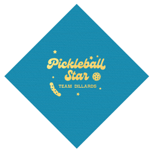 Serve up style with the Pickleball Star Champion Napkin, showcasing a vibrant 'Pickleball Star' motif with a playful pickleball and pickle graphic. Personalize with your team or family name to ace your event décor. Ideal for pickleball tournaments and team celebrations.