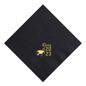 ForYourParty's personalized Black Cocktail Napkin with Shiny 18 Kt Gold Foil has a Cap and Scroll graphic and is good for use in Graduation themed parties and are a must-have for your next event—whatever the celebration!