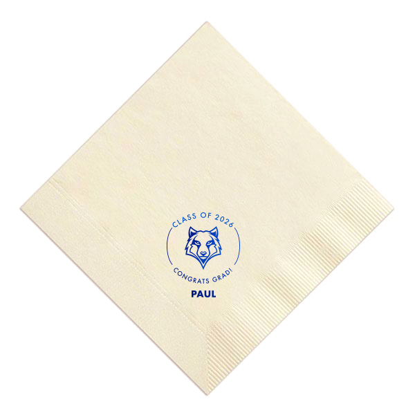ForYourParty's personalized Sand Luncheon Napkin with Shiny Royal Blue Foil has a Wolf Mascot graphic and is good for use in Animals, Graduation themed parties and will impress guests like no other. Make this party unforgettable.