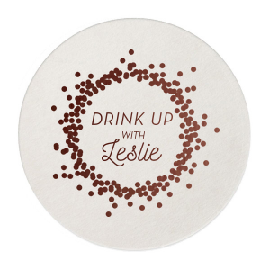 Raise your glass with our festive confetti Drink Up personalized coasters. Surrounded by a playful confetti dot frame, these foil-printed paper pulp coasters are perfect for birthdays, bachelor/bachelorette parties, or any milestone event. Add a name for a custom touch that invites guests to celebrate in style.
